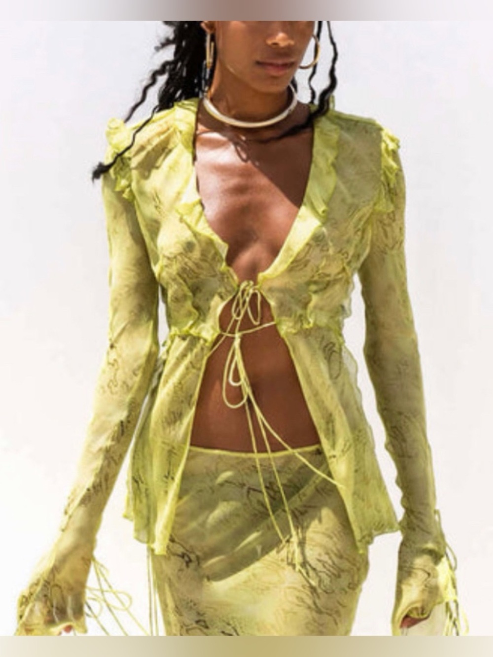 Rat & Boa Cobra Blouse Top Lime Yellow Green Silk XXS Sheer Rare
